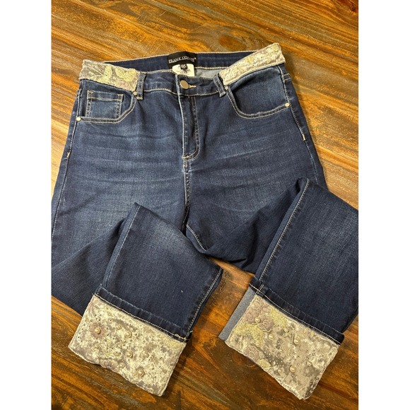 Frank Lyman Design Denim - FRANK LYMAN DESIGN Womens Dark Wash Embellished Cuff Jeans Size L/G